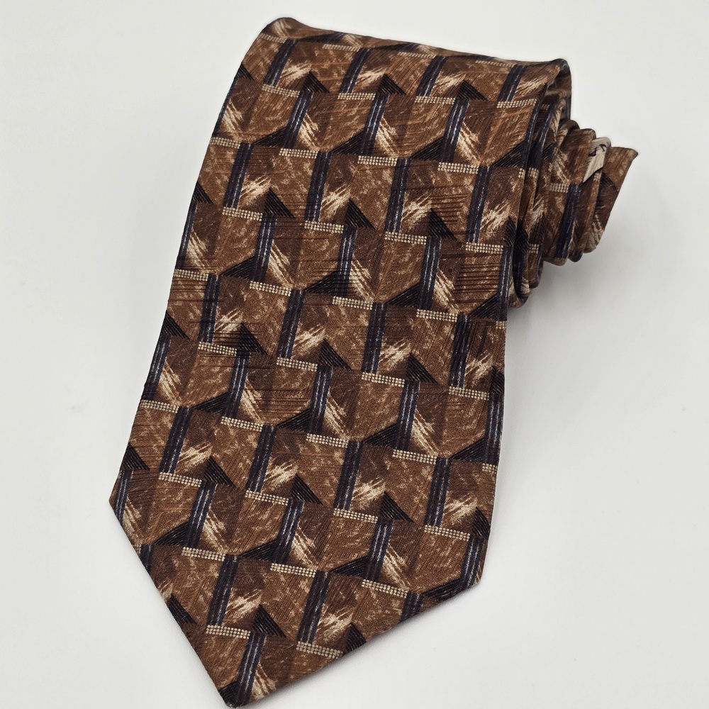 Canali Tie 100% Silk Brown Geometric Blue Accents 59" Italy Luxury Necktie‎ Made